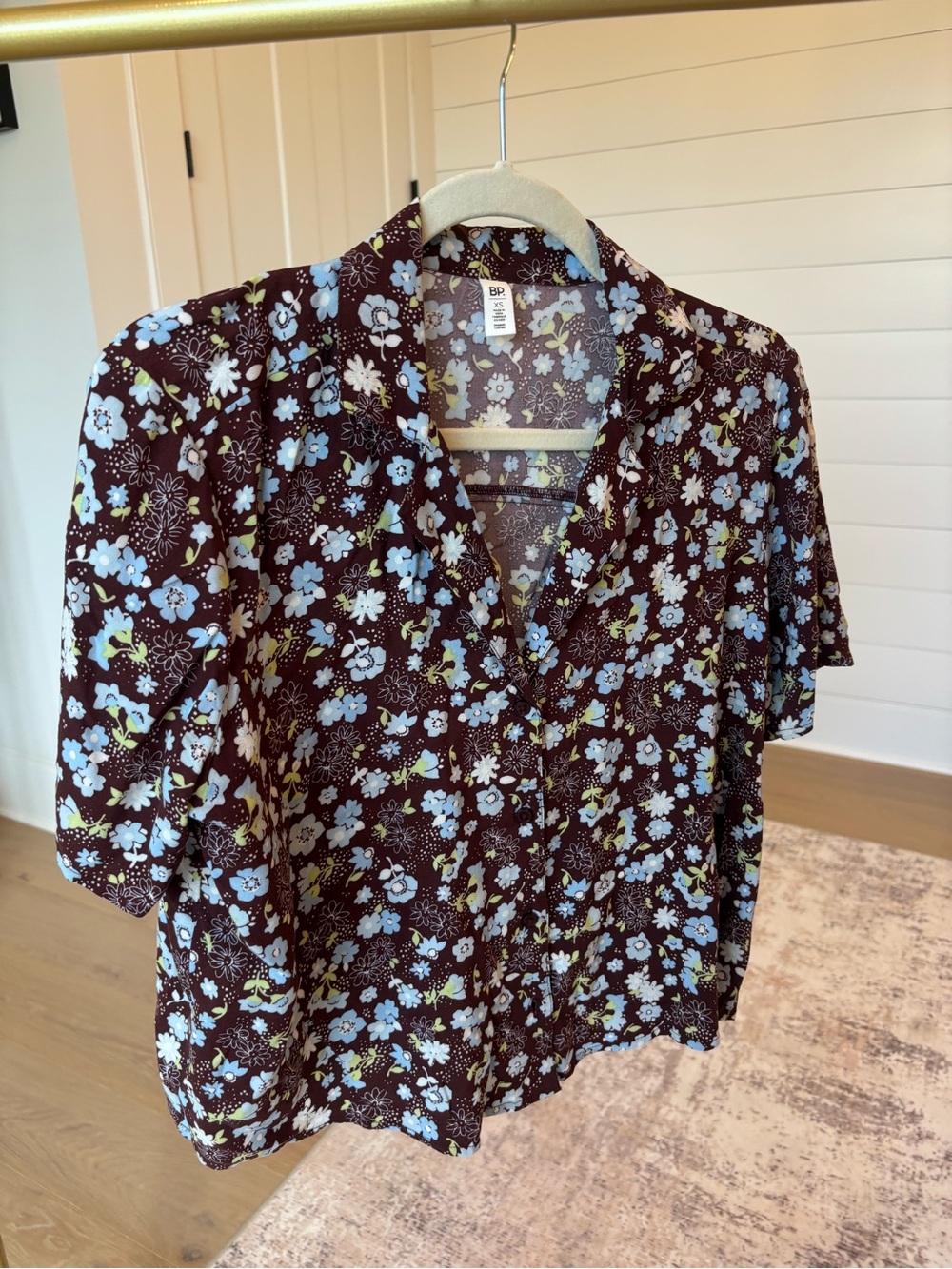 bp Short-Sleeve Floral Button-Up Blouse — Plum with Light Blue & Lime Accents